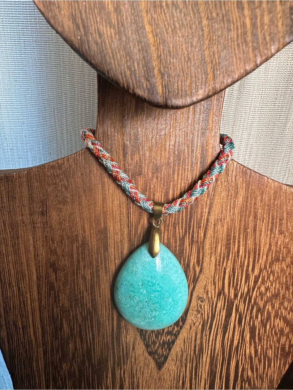 Handcrafted Green Coral Fossil Teardrop Pendant Necklace on Multicolor Rope - Picture 2 of 15